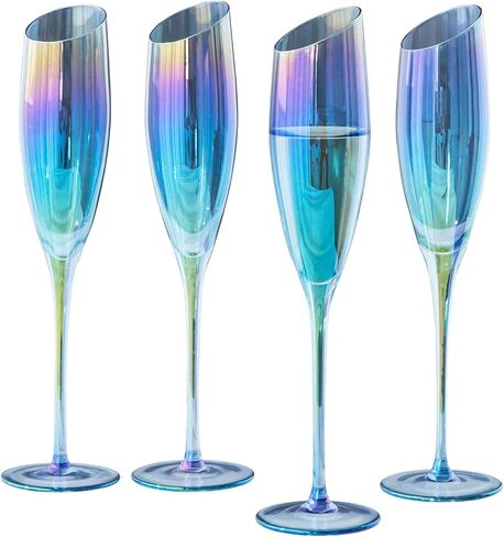 MyGift Iridescent Blue Angled Rim Champagne Flute Set of 4, Sparkling Wine Stemless Glasses, Rainbow Transparent Prosecco Wine Glass, Cocktail Mimosa Glass Set, Holiday New Year Toasting Glass in Kuwait