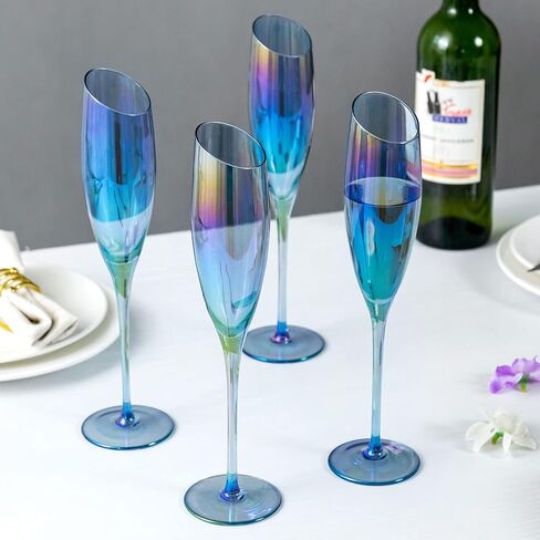 MyGift Iridescent Blue Angled Rim Champagne Flute Set of 4, Sparkling Wine Stemless Glasses, Rainbow Transparent Prosecco Wine Glass, Cocktail Mimosa Glass Set, Holiday New Year Toasting Glass in Kuwait