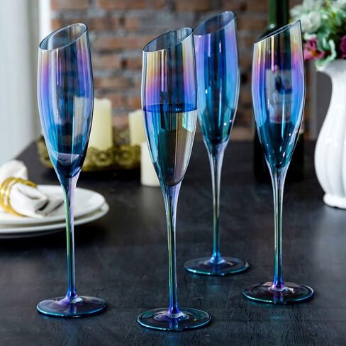 MyGift Iridescent Blue Angled Rim Champagne Flute Set of 4, Sparkling Wine Stemless Glasses, Rainbow Transparent Prosecco Wine Glass, Cocktail Mimosa Glass Set, Holiday New Year Toasting Glass in Kuwait