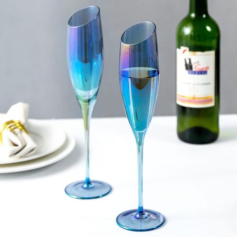 MyGift Iridescent Blue Angled Rim Champagne Flute Set of 4, Sparkling Wine Stemless Glasses, Rainbow Transparent Prosecco Wine Glass, Cocktail Mimosa Glass Set, Holiday New Year Toasting Glass in Kuwait