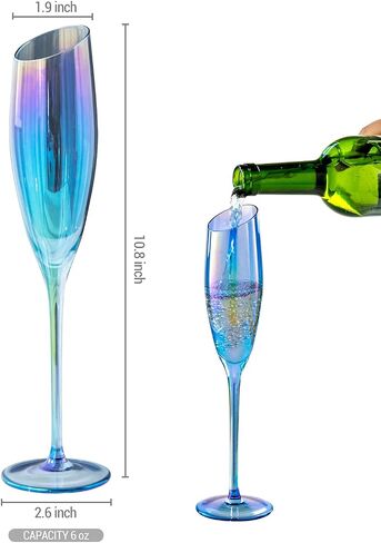 MyGift Iridescent Blue Angled Rim Champagne Flute Set of 4, Sparkling Wine Stemless Glasses, Rainbow Transparent Prosecco Wine Glass, Cocktail Mimosa Glass Set, Holiday New Year Toasting Glass in Kuwait