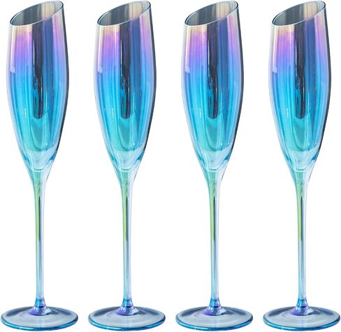 MyGift Iridescent Blue Angled Rim Champagne Flute Set of 4, Sparkling Wine Stemless Glasses, Rainbow Transparent Prosecco Wine Glass, Cocktail Mimosa Glass Set, Holiday New Year Toasting Glass in Kuwait
