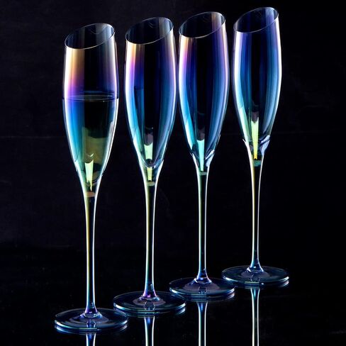 MyGift Iridescent Blue Angled Rim Champagne Flute Set of 4, Sparkling Wine Stemless Glasses, Rainbow Transparent Prosecco Wine Glass, Cocktail Mimosa Glass Set, Holiday New Year Toasting Glass in Kuwait
