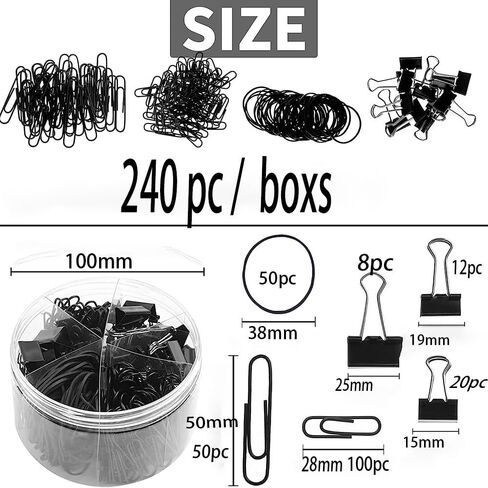 240Pcs Black Office Folder Set, Paper Clips of Various Sizes, Binder, Rubber Belt Suitable for Office and School Supplies, File Arrangement (Black). in Kuwait