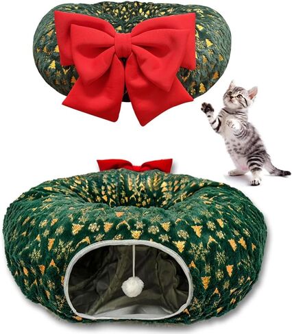تشون. F Green Cat Donut Tunnel لشجرة عيد الميلاد - أنبوب قط تحت عنوان عيد الميلاد لموسم العطلات - القوس الأحمر الكبير - تنورة نفق شجرة Cat Cat Cat Plush Velvet مع لعبة الكرة in Saudi Arabia