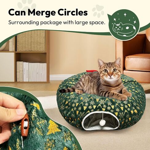 تشون. F Green Cat Donut Tunnel لشجرة عيد الميلاد - أنبوب قط تحت عنوان عيد الميلاد لموسم العطلات - القوس الأحمر الكبير - تنورة نفق شجرة Cat Cat Cat Plush Velvet مع لعبة الكرة in Saudi Arabia
