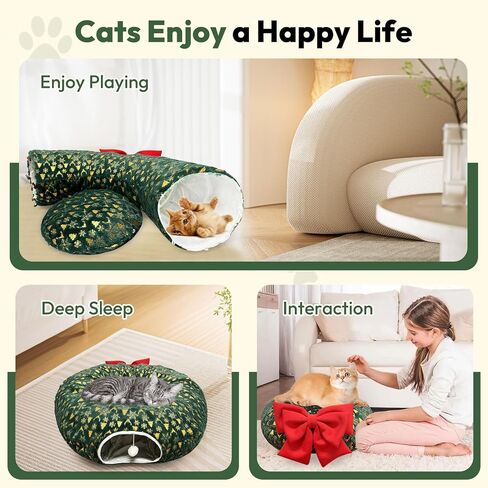 تشون. F Green Cat Donut Tunnel لشجرة عيد الميلاد - أنبوب قط تحت عنوان عيد الميلاد لموسم العطلات - القوس الأحمر الكبير - تنورة نفق شجرة Cat Cat Cat Plush Velvet مع لعبة الكرة in Saudi Arabia