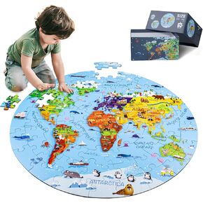 World Map Jigsaw Puzzle for Kids 4-8, 70 Piece Large Round Floor Puzzles for Kids Ages Toddler Puzzle Globe Geography Games Educational Toys Birthday for Children