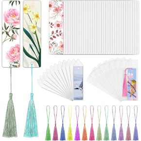 50 Sets Sublimation Blank Bookmarks with Clear Bookmark Sleeves Tassels and Self-Sealing Bags, Heat Transfer Metal Aluminum DIY Bookmark with Hole for Crafts Reading School Office Supplies
