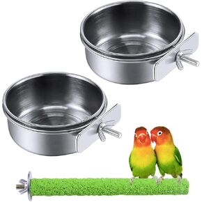 PINVNBY Parrot Feeding Dish Cups,Stainless Stee Bird Feeder Birds Food Water Bowls with Clamp Holder,Parakeet Cage Dish Perch Stand Toys(3 Pcs)