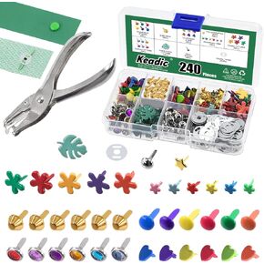 Keadic 491Pcs Metal Paper Fasteners Brads and Single Hole Metal Punch Pliers Assortment Set, Multi Color Mini Split Pins Pastel Brads with Washers for Crafting Scrapbooking DIY Supplies