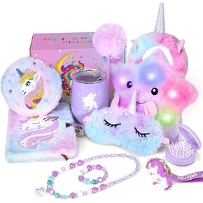 Unicorns Gifts for Girls Age 5 6 7 8 9 10 Years Old, Kids Unicorn Toy with Light Up Plush Star Pillow, Diary, Headband, Eye Mask, Water Bottle, Teen Soft Plush Toys Set for Birthday Gift Christmas
