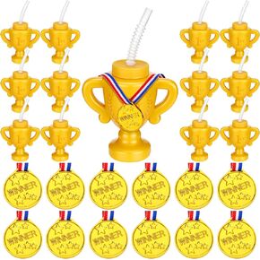 24 Pcs Trophy Cups Gold Medals Awards Set 12 Pcs Race Car Trophy Cups with Straws 12 Pcs Gold Winner Award Medals for Sports Games Champion Gift Competitions Race Car Party Favors