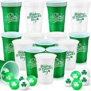 Pickmesh 30 Pack St. Patrick's Day Party Game Set, 22 Pack 16 oz St Patricks Day Plastic Beer Cups and 8 Pack 1.5in Green Shamrocks Balls Beer Game Set for Irish Festival Party Games Favors