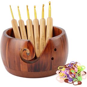 حامل وعاء الغزل ، وعاء الحياكة الخشبية مع خطافات الكروشيه 6pcs ، و 50pcs كروشيه غرزة ، وموزع كبير لحامل الغزل لأم ومحبي الحياكة