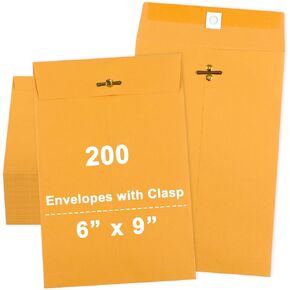 gisgfim 200 Pcs 6 x 9 inch Clasp Envelopes with Gummed Seal, Small Mailing Envelope with Clasps Closure 28 lb Kraft Paper Yellow Manilla Folders for Storing or Mailing Business Document Office