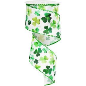 AnyDesign Lucky Clover Wired Edge Ribbon Watercolor Shamrock Craft Ribbon St. Patrick's Day Green Fabric Ribbon for Wreath Bow Making DIY Crafts Wrapping Supplies, 1 Roll, 12 Yard