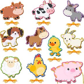 10 Pieces Kids Farm Animal Lacing Cards Cardboard Sewing Cards Double Sided Lacing Playing Games for Children Developing Imagination Education Supplies JB-220602-J Multicolor