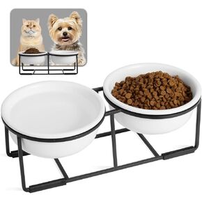 Ceramic Elevated Dog Bowl Set - Raised Food and Water Bowls with Metal Stand - Double Pet Dishes for Small and Medium Dogs - 2 Cups - 27 fl oz - Matte Whit
