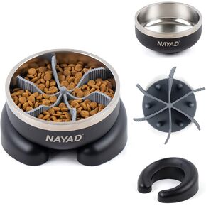 Slow Feeder Dog Bowl Stainless Steel for Small to Medium Breed Dogs, Raised Dog Food Bowl No Spill Non-Slip Metal Dog Dishes with Titled Base, Black, 32 oz Capacity