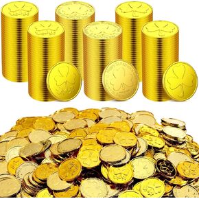 Sanwuta 1000 PCS St. Patrick's Day Gold Coins Plastic Lucky Shamrock Leprechaun 3 Leaf Clover Coins for Kids Play St Patricks Party Decoration Favors, 1.4 Inch (Vibrant Style)