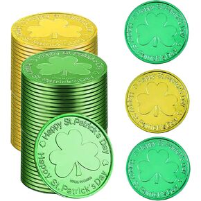 UOUYOO 100 Pcs Clover Coins St. Patrick's Coins Plastic 3-Leaf Clover Coins Shamrock Leprechaun Coins for Party Decoration Favors