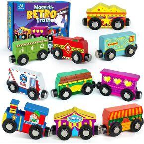 Vanmor Wooden Magnetic Train Set for Toddlers,10-Piece Educational Toy Cars with Magnets, Includes Storage Bag, Skill-Building Wooden Trains for Boys & Girls, for Kids 3-5 and 4-8 Years