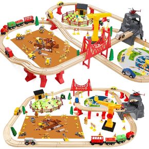 118Pcs Wooden Train Set for Kids & Toddlers, Wood Train Track Set Train Railway Accessories Toy Train Sets for Boys and Girls Gifts Ages 3+ 4 5 6 7 8 - Compatible with All Major Brands