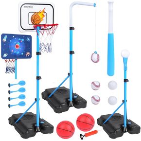4 في 1 Kids Basketball Hoop ، كرة السلة لأطفال مع Dart Board & T Ball Set & Hanging Baseball Basketball Toys Indoor & Outdoor Toddler Boy Toys Gifts for Boys Girls Ages 3+