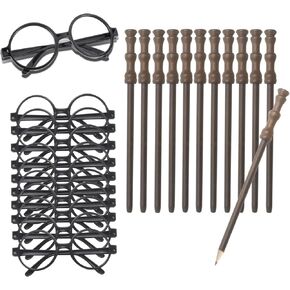 Cosplay Party Supplies Set - Wand Pencil, Black Glasses with Round Frame No Lenses for Birthday Party, Kid Gifts, School Reward,Halloween Decorations 12pcs Each