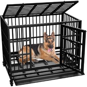 Vongrasig 48/38 "Heavy Duty Indestructible Dog Cage Double Door Escape Cage Kennel, Reinforced Metal Pet Cage, Oversized XL XXL Cage for Large Dogs with Removable Tray