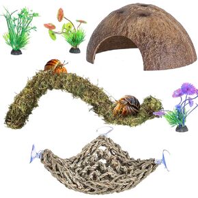 HERCCOCCI Hermit Crab Accessories, 6Pcs Hermit Crab Toys Coconut Shell Hut Climbing Hammock Artificial Plants for Hermit Crab