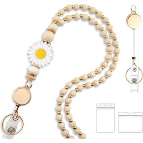 Cute Teacher Lanyard for Women with Retractable ID Badge Reel and Keychain Wooden Beaded Lanyards for Keys Charm