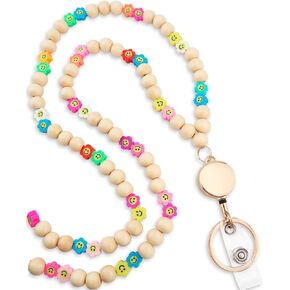 Smiley Teacher Lanyard for Women with Retractable ID Badge Reel and Keychain Cute Beaded Lanyards For Keys