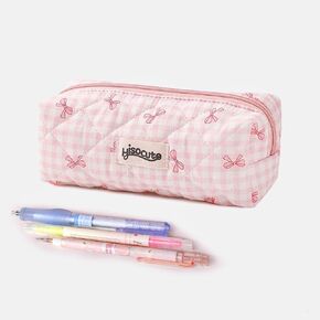 Coquette Bow Pencil Pouch ، Clep Pink Bow Checkered Pency Case ، حقيبة قلم مبطن ناعمة للنساء مكتب