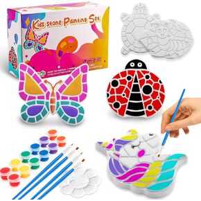 Hdsahdok DIY Mosaic Stepping Stones Kit for Kids - 5 Pack Paint Your Own Garden Stones with Butterfly, Unicorn & Ladybug Designs, Outdoor Art & Craft Set for Boys & Girls Ages 6-12, Kids Party Favors