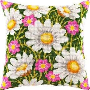 Brvsk Floral Needlepoint Kit for Adults and Beginners — Daisies 16″ × 16″ with Clear, Precise Printed Design on Cotton Canvas; Includes 2 Needles, Yarn, and Easy-Read Chart