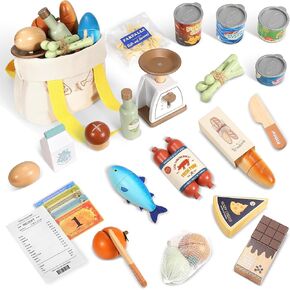 Wooden Play Food Set for Kids Toddlers, Grocery Store Pretend Play Food, Pretend Grocery Shopping & Play Kitchen Accessories for Boys Girls