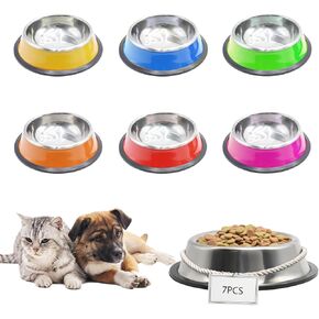 7 Pack Stainless Steel Dog Food and Water Bowls with Non-Slip Silicone Base, Stackable Small Dog Bowls Pet Feeding Dishes for Small to Medium Dogs and Cats, Colorful (7 oz)