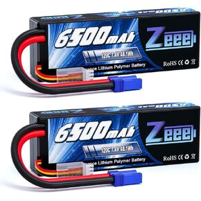 Zeee 2S Lipo Battery 6500mAh 7.4V 120C Hard Case RC Car Battery with EC5 Connector for RC Vehicles RC Truck Tank Truggy Boat Racing Hobby Models(2 Pack)