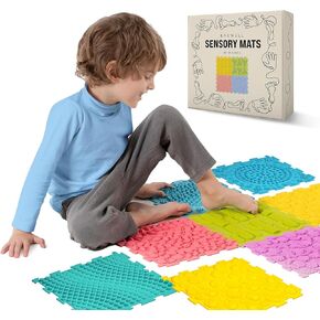 Sensory Mats for Autistic Children - 8 Textured Floor Puzzle Tiles for Classroom Kids - Experience Tactile Orthopedic Play Pads by Walking on Feet or Hands - Ideal Toddlers Texture Rugs - 9.4" x 9.4"