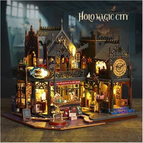 DIY Miniature Dollhouse Kit Magic Castle,Tiny House to Build Live in,Mini Handmade Unzip 3D Wooden Puzzle Furnishing Decor Model with Dust Cover and Music(ES012-Holo Magic City)