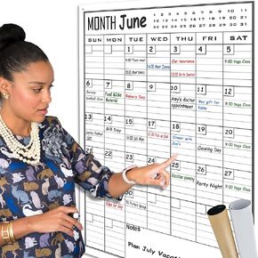 Large Monthly Dry Erase Calendar for Wall,Giant Laminated Whiteboard 30 Days Planner 36"x24",Reusable Wall-Mounted Vertical Schedule Poster Board with Lines for Home Office Classroom Dorm