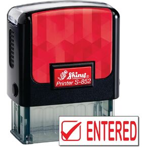 Shiny Entered Stamp Self Inking Rubber Stamp, 1/2" by 1-1/2" Impression Area, Red Ink, Refillable