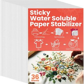 Fanfanwin 36 Pcs Sticky Water Soluble Embroidery Paper Embroidery Stabilizer Printable Wash Away Paper Stabilizer for Print or Draw Patterns Hand Machine(8.5"x11")