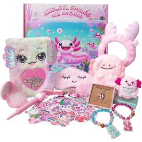 Axolotl Gift Set for Girls - Cute Axolotl-Themed Toy Box with Fluffy Diary, Stickers,Pen, Crocheted Stuffed Animal, Pink Purse, Necklace, Keychain, and More Axolotl Stuff - Birthday Gifts for Kids