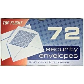 Top Flight Boxed Security Envelopes, 3.5/8  x 6.5 Inches, White with Security Lining, 72 Envelopes per Box (6900534)