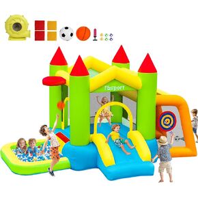 FBSPORT Inflatable Bounce House with Slide for Kids, Blow up Bouncy House Bouncer Castle with Ball Pit, Jumping and Soccer Area, Sandbag Toss, Ball Shooting, Basketball Hoop for Indoor Outdoor