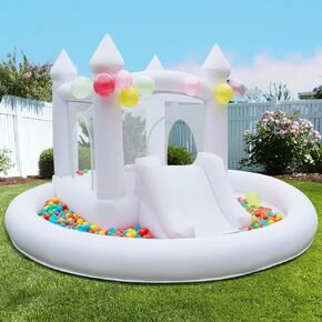 White Bounce House with Ball Pit, Indoor & Outdoor Bouncy Castle with Slide and UL Blower for Kids Family Backyard Party, 12x11Ft Inflatable Bouncer for Boys for Girls
