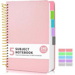 5 Subject Notebook College Ruled, Hardcover Spiral Notebook with Removable Pocket Dividers Tabs, 240 Pages Lined Spiral Journal Notebook for Women, 6x8.5 Notebooks for Work School Note taking A5 Pink